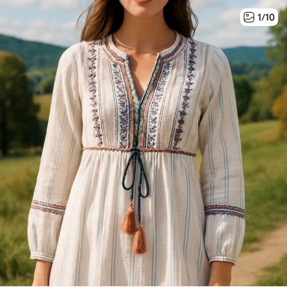 Knox Rose Boho Embroidered Peasant Mini Dress Women XS Beige Navy Tassel